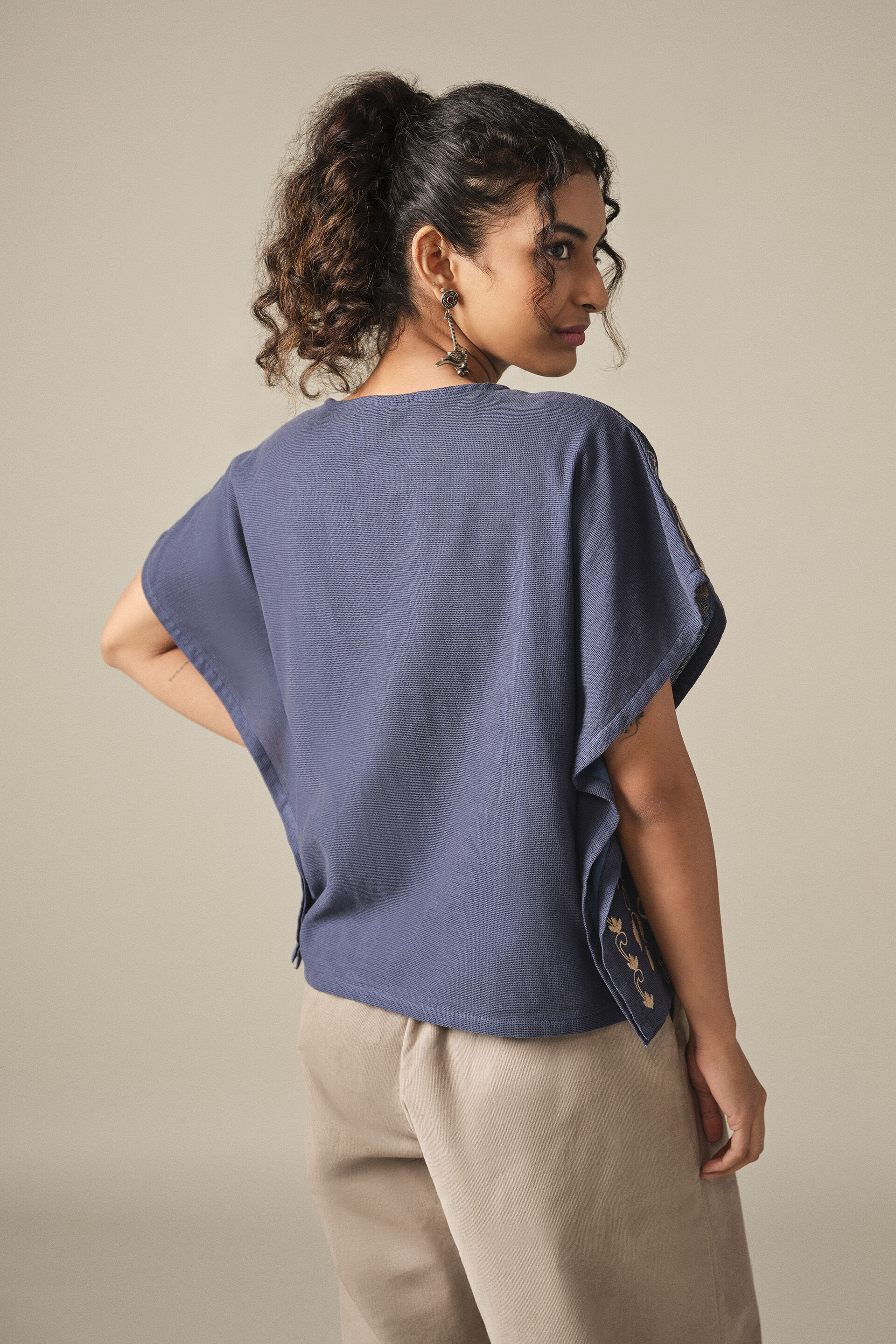 Embroidered Boxy Cotton Top in Indigo, Indigo, image 5